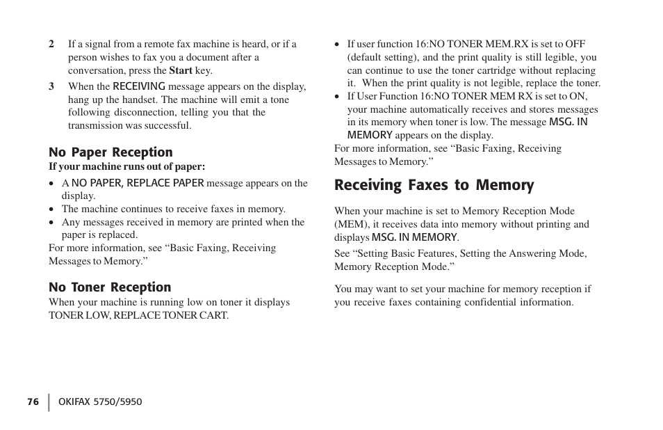 No paper reception, No toner reception, Receiving faxes to memory | No paper reception no toner reception | Oki 59502 User Manual | Page 76 / 172