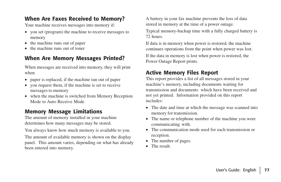 When are faxes received to memory, When are memory messages printed, Memory message limitations | Active memory files report | Oki 59502 User Manual | Page 77 / 172