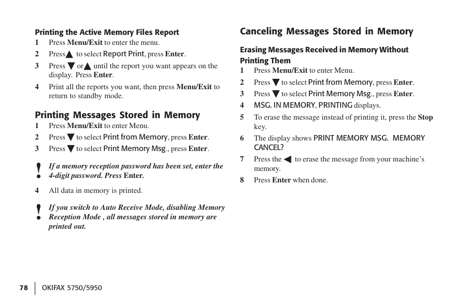 Printing the active memory files report, Printing messages stored in memory, Canceling messages stored in memory | Oki 59502 User Manual | Page 78 / 172