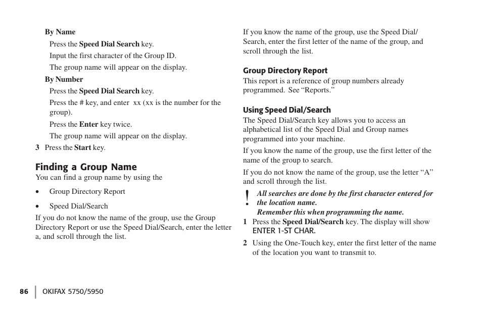 Finding a group name, Group directory report, Using speed dial/search | Group directory report using speed dial/search | Oki 59502 User Manual | Page 86 / 172