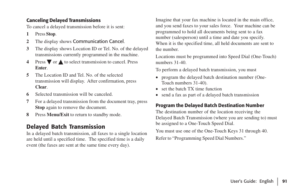 Canceling delayed transmissions, Delayed batch transmission, Program the delayed batch destination number | Oki 59502 User Manual | Page 91 / 172