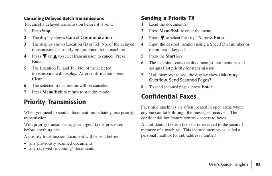 Canceling delayed batch transmissions, Priority transmission, Sending a priority tx | Confidential faxes | Oki 59502 User Manual | Page 93 / 172