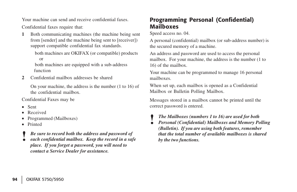 Programming personal (confidential) mailboxes | Oki 59502 User Manual | Page 94 / 172