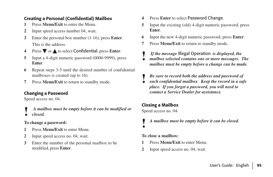 Creating a personal (confidential) mailbox, Changing a password, Closing a mailbox | Oki 59502 User Manual | Page 95 / 172