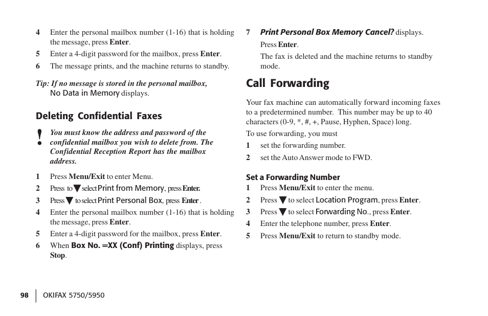 Deleting confidential faxes, Call forwarding, Set a forwarding number | Oki 59502 User Manual | Page 98 / 172