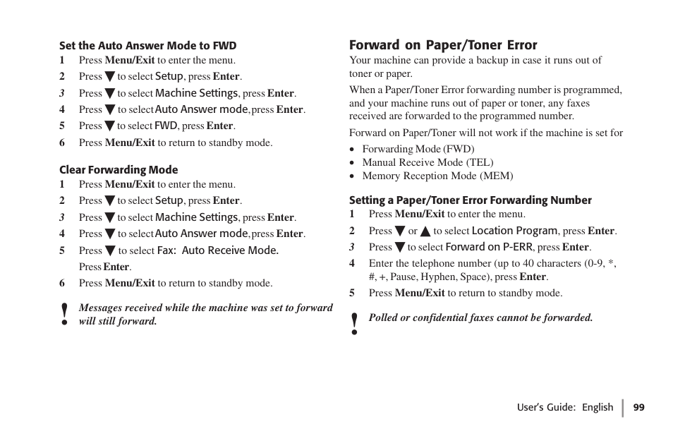 Set the auto answer mode to fwd, Clear forwarding mode, Forward on paper/toner error | Setting a paper/toner error forwarding number | Oki 59502 User Manual | Page 99 / 172