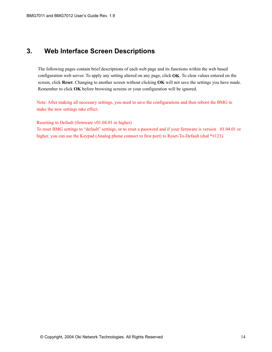 Web interface screen descriptions | Oki BMG7012 User Manual | Page 19 / 70