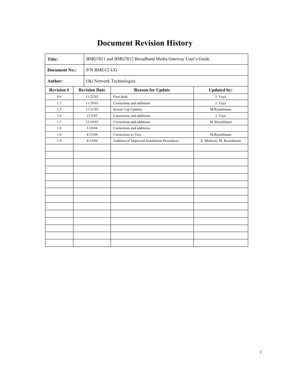 Document revision history | Oki BMG7012 User Manual | Page 2 / 70