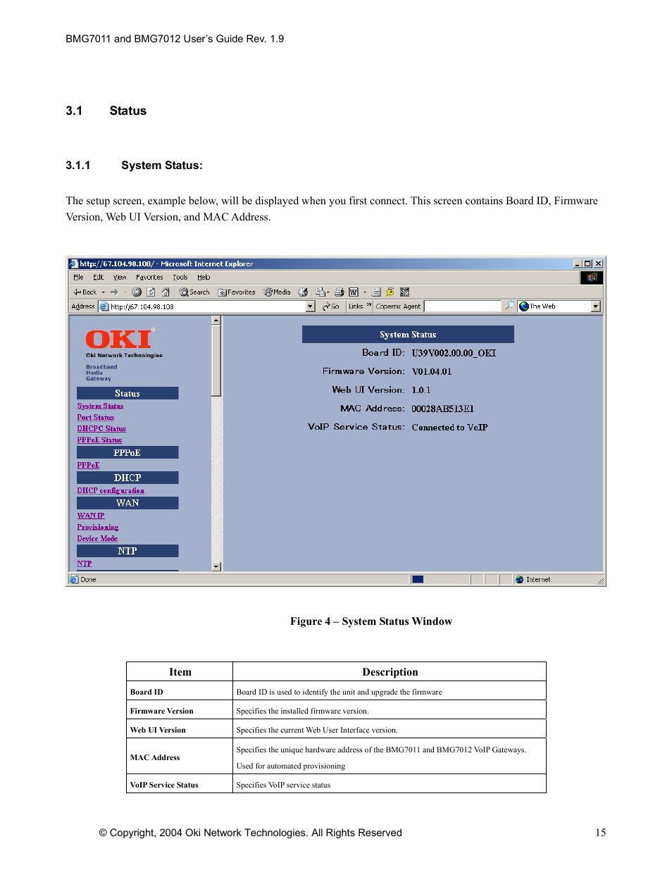 1 status | Oki BMG7012 User Manual | Page 20 / 70