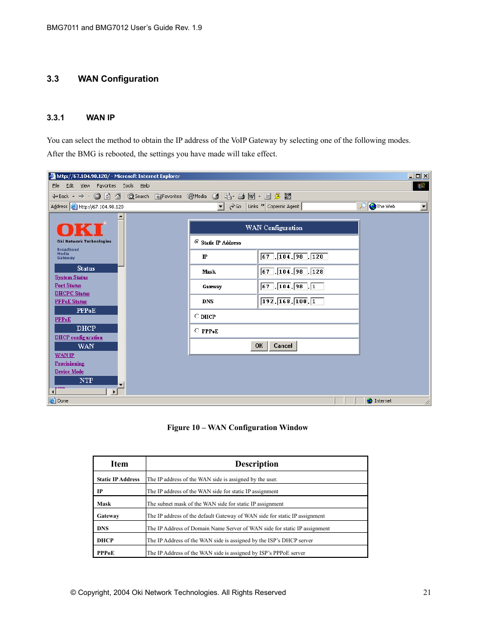 3 wan configuration, Item description | Oki BMG7012 User Manual | Page 26 / 70