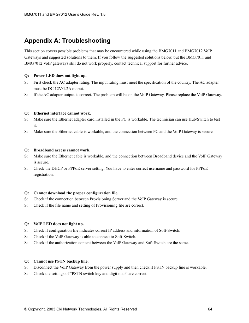 Appendix a: troubleshooting | Oki BMG7012 User Manual | Page 69 / 70