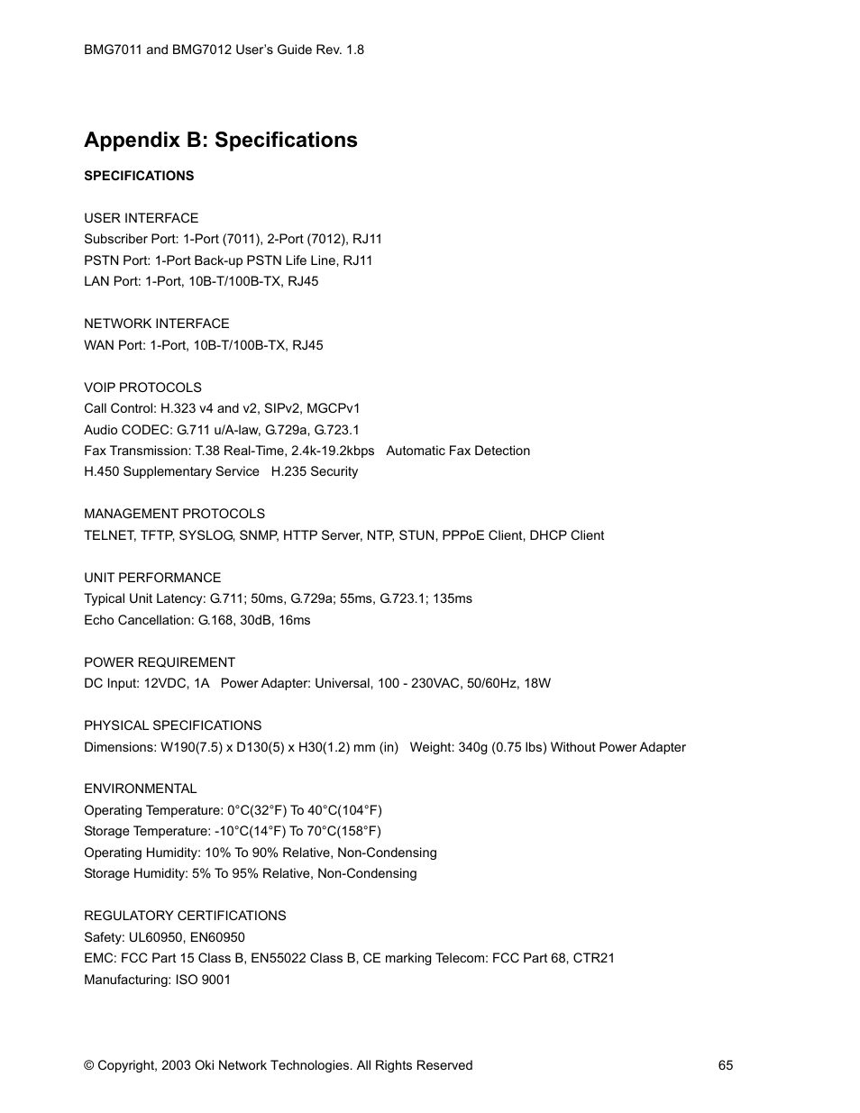 Appendix b: specifications | Oki BMG7012 User Manual | Page 70 / 70