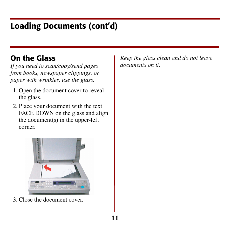 Loading documents (cont’d), On the glass | Oki C5510 MFP User Manual | Page 12 / 43