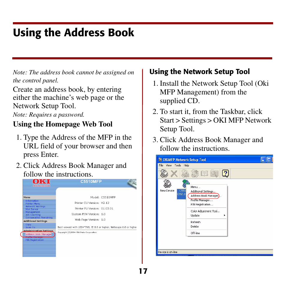 Using the address book | Oki C5510 MFP User Manual | Page 18 / 43