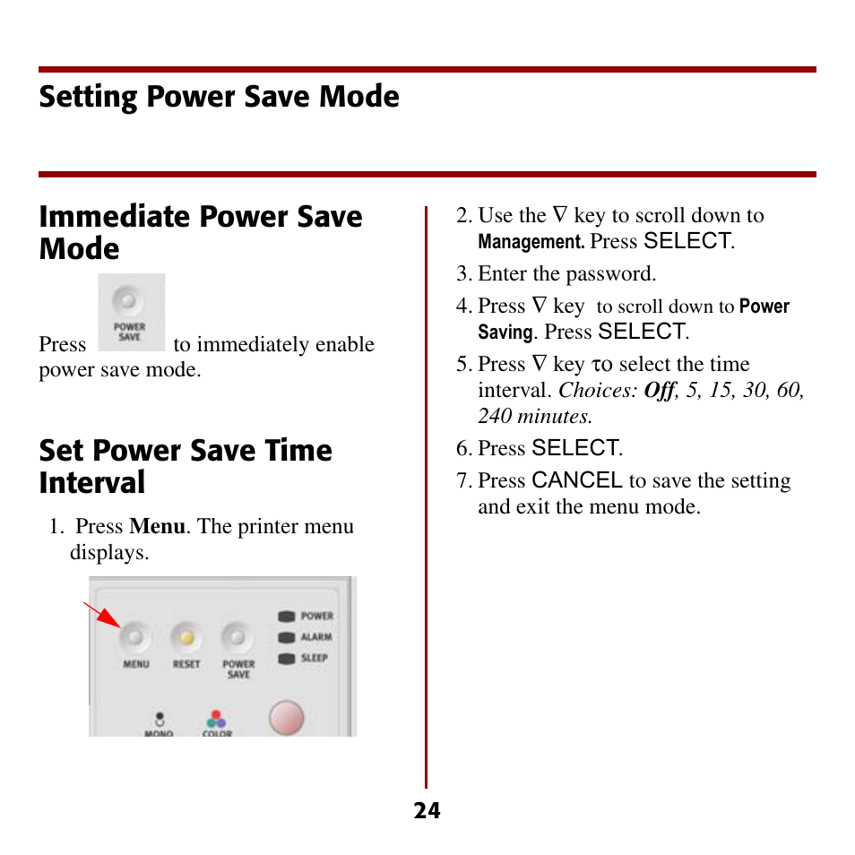 Setting power save mode immediate power save mode, Set power save time interval | Oki C5510 MFP User Manual | Page 25 / 43