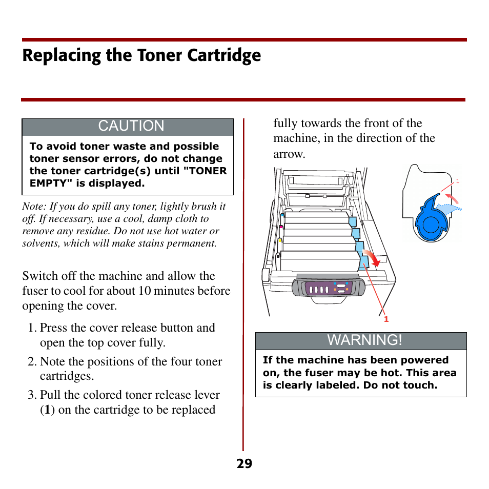Replacing the toner cartridge, Caution, Warning | Oki C5510 MFP User Manual | Page 30 / 43