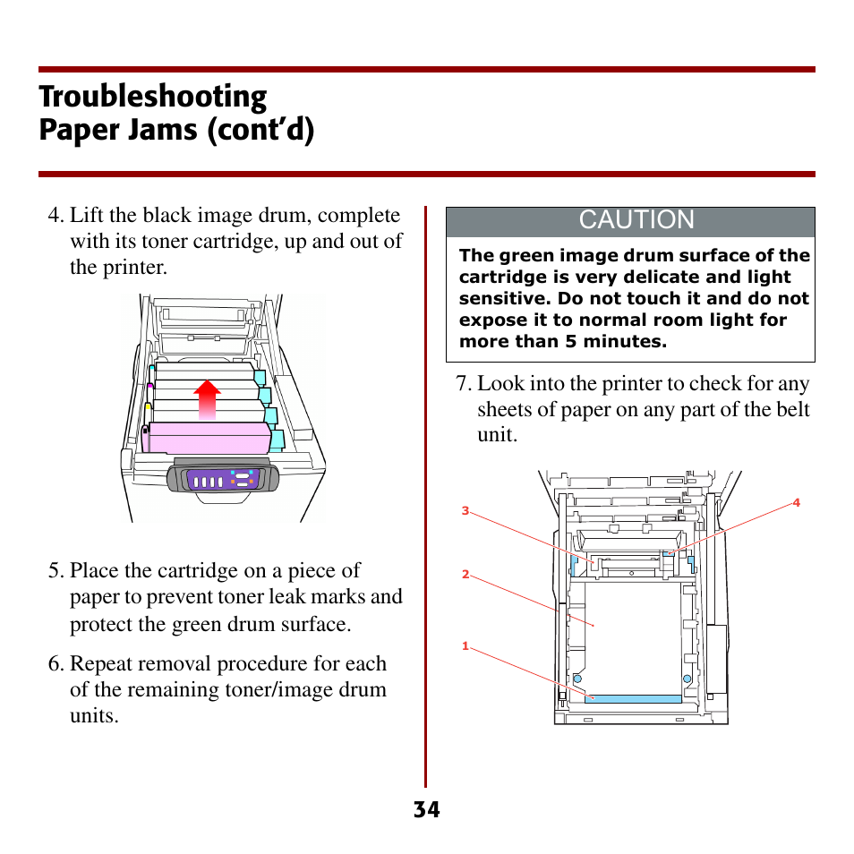 Troubleshooting paper jams (cont’d), Caution | Oki C5510 MFP User Manual | Page 35 / 43