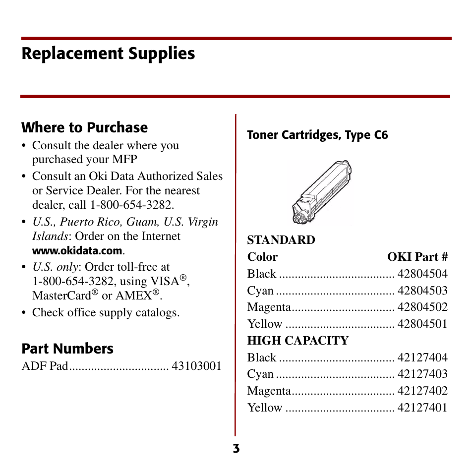 Replacement supplies, Where to purchase, Part numbers | Oki C5510 MFP User Manual | Page 4 / 43