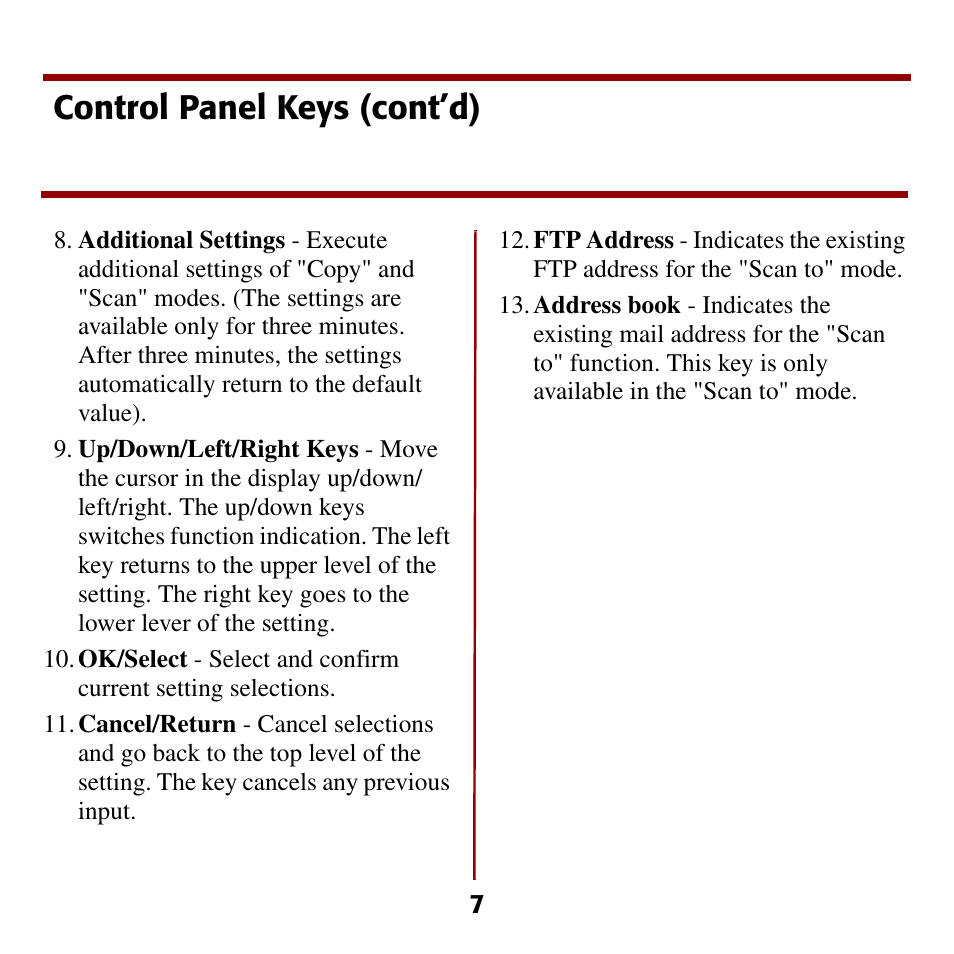 Control panel keys (cont’d) | Oki C5510 MFP User Manual | Page 8 / 43