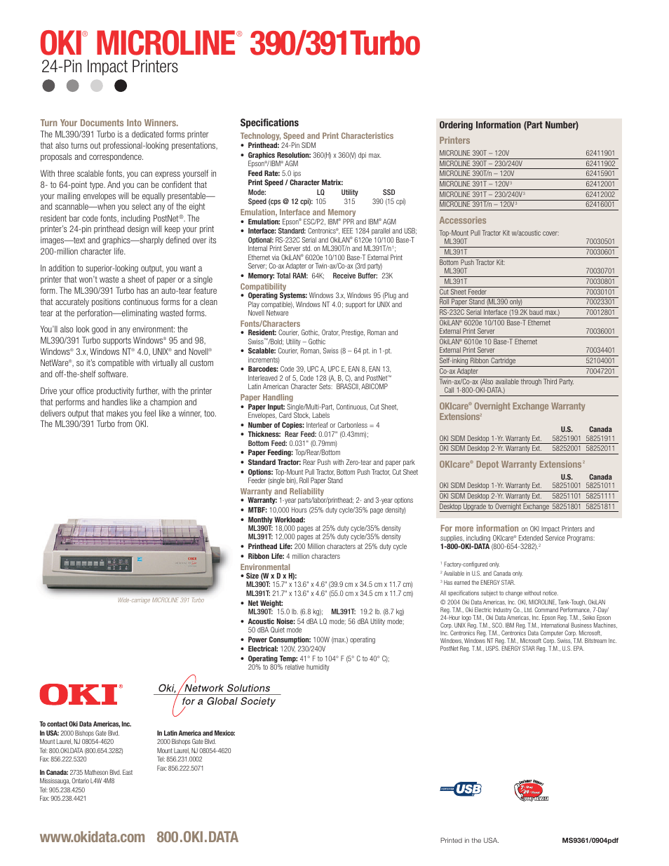Microline, Pin impact printers, Ordering information (part number) printers | Accessories, Okicare, Overnight exchange warranty extensions, Depot warranty extensions, Turn your documents into winners, Specifications | Oki Turbo ML390 User Manual | Page 2 / 2