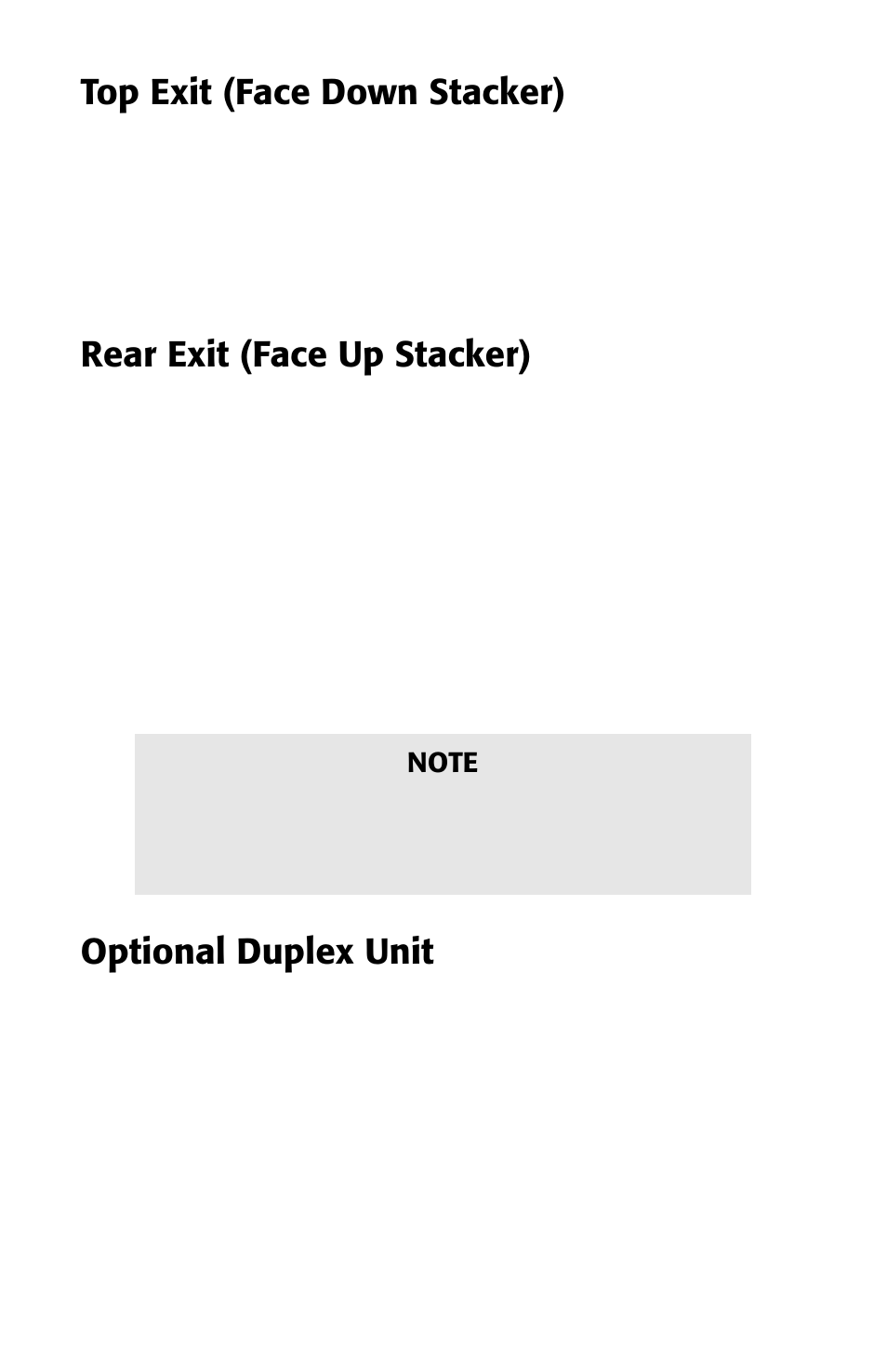 Top exit (face down stacker), Rear exit (face up stacker), Optional duplex unit | Oki ES 1624n MFP User Manual | Page 17 / 326