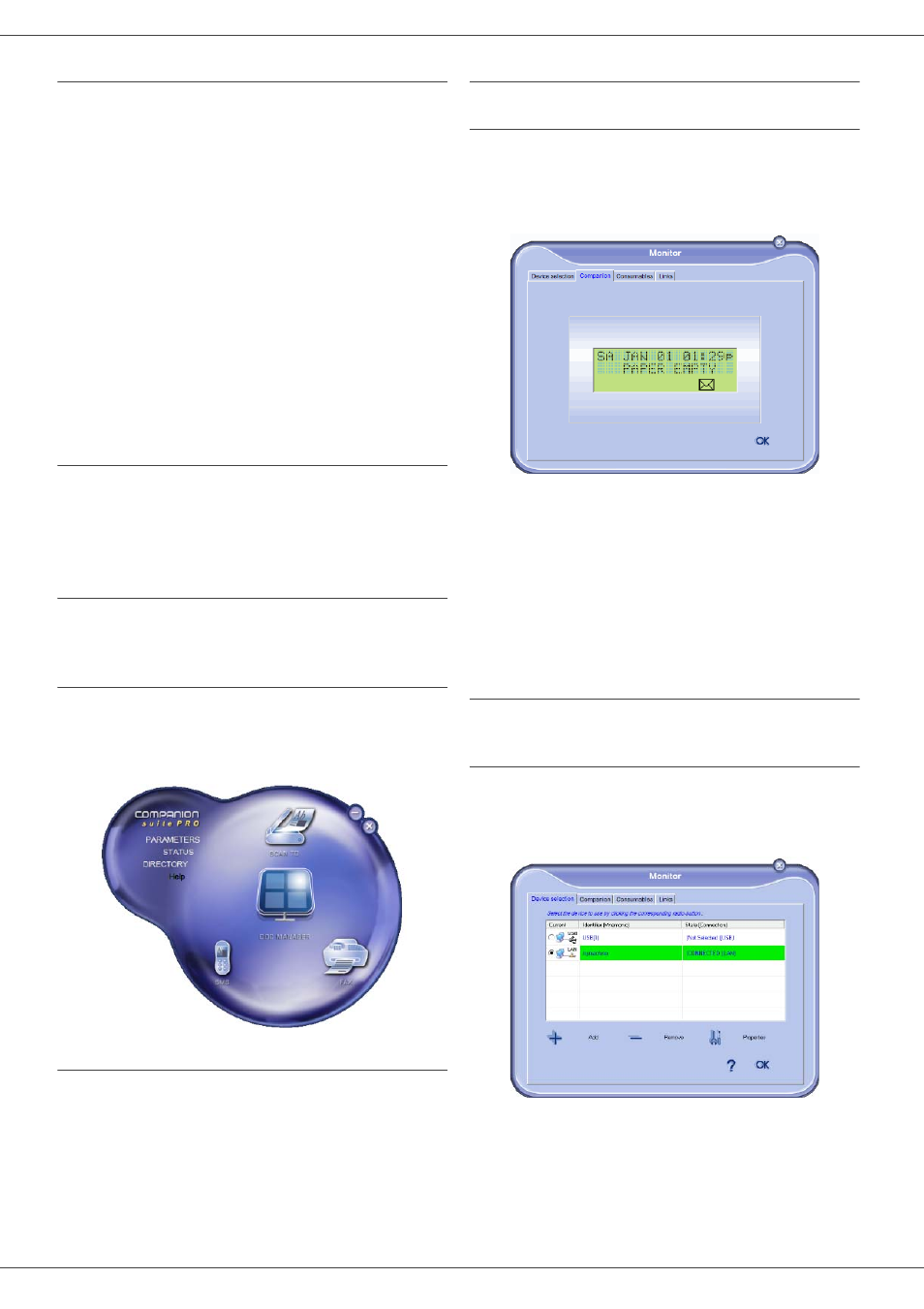 Multifunction terminal's supervision, Companion director, Graphical presentation | Utilities and applications activation, Companion monitor, Device management, Selecting the current device, Checking the connection between the pc, And the multifunction machine, 8 - pc featu res | Oki MB 260 User Manual | Page 41 / 55