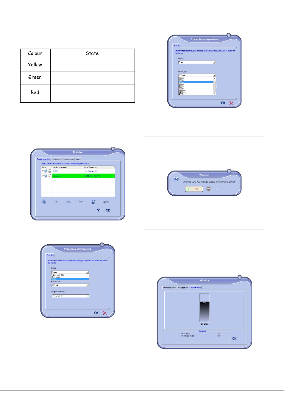 Status of the connection, Device parameters, Removing a device | Display the consumable status, 8 - pc featu res, Mb260 | Oki MB 260 User Manual | Page 42 / 55