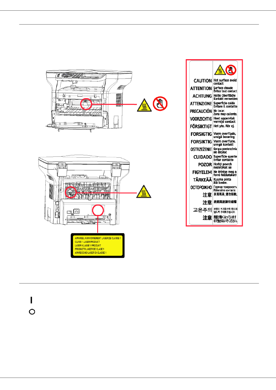 Positions of safety labels on the machine, Symbols for the main power switch, Mb260 | Oki MB 260 User Manual | Page 7 / 55