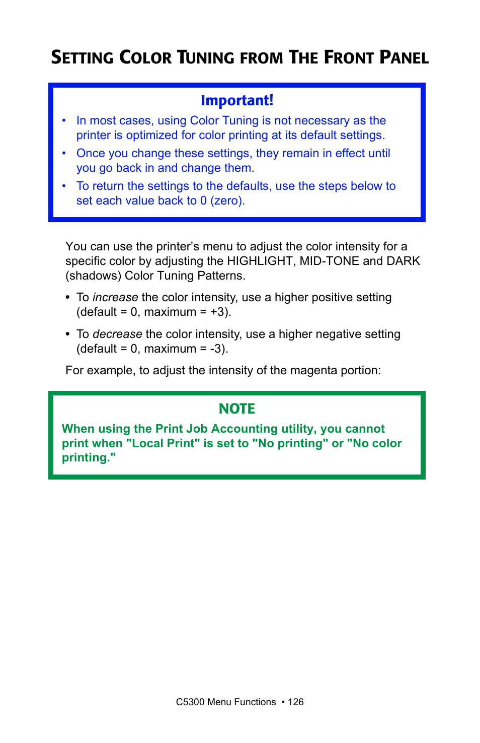 Setting color tuning from the front panel | Oki C 5300n User Manual | Page 126 / 211