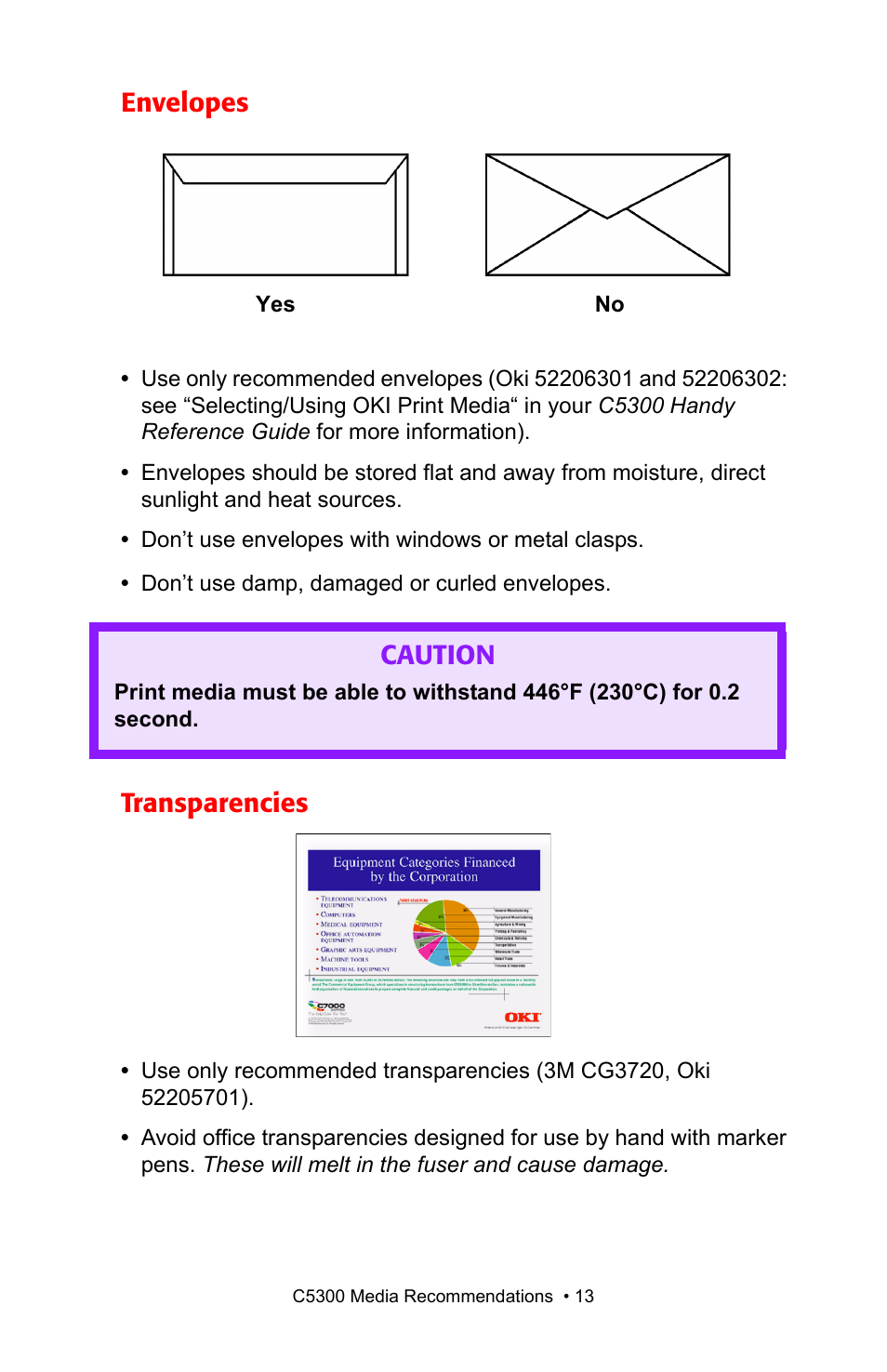 Envelopes, Transparencies, Envelopes transparencies | Caution | Oki C 5300n User Manual | Page 13 / 211