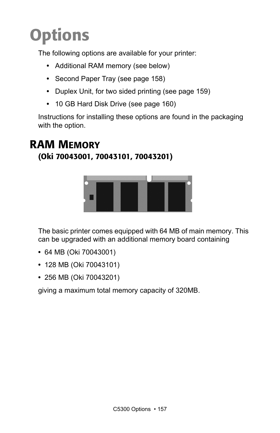 Options, Ram memory, Ram m | Emory | Oki C 5300n User Manual | Page 157 / 211