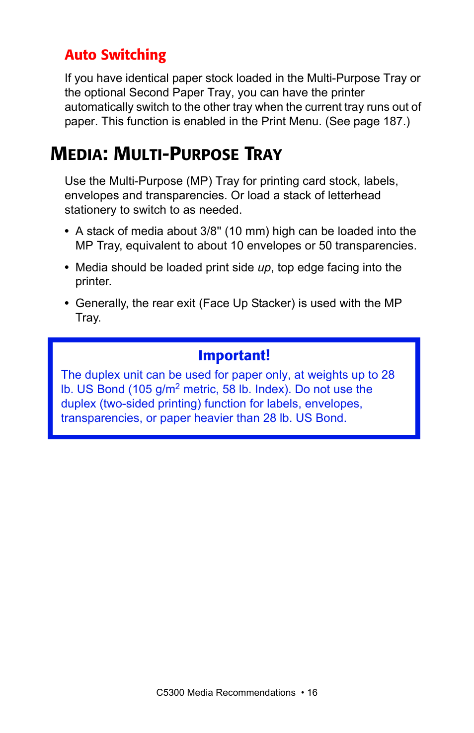 Auto switching, Media: multipurpose tray, Media: multi-purpose tray | Oki C 5300n User Manual | Page 16 / 211