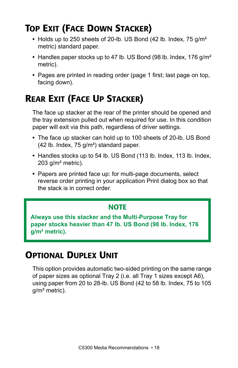 Top exit (face down stacker), Rear exit (face up stacker), Optional duplex unit | Oki C 5300n User Manual | Page 18 / 211