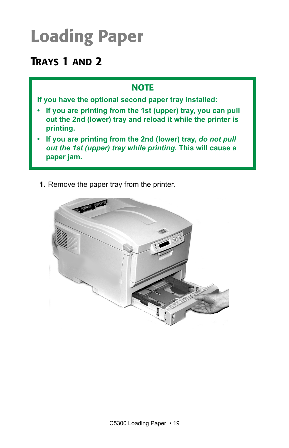 Loading paper, Trays 1 and 2 | Oki C 5300n User Manual | Page 19 / 211