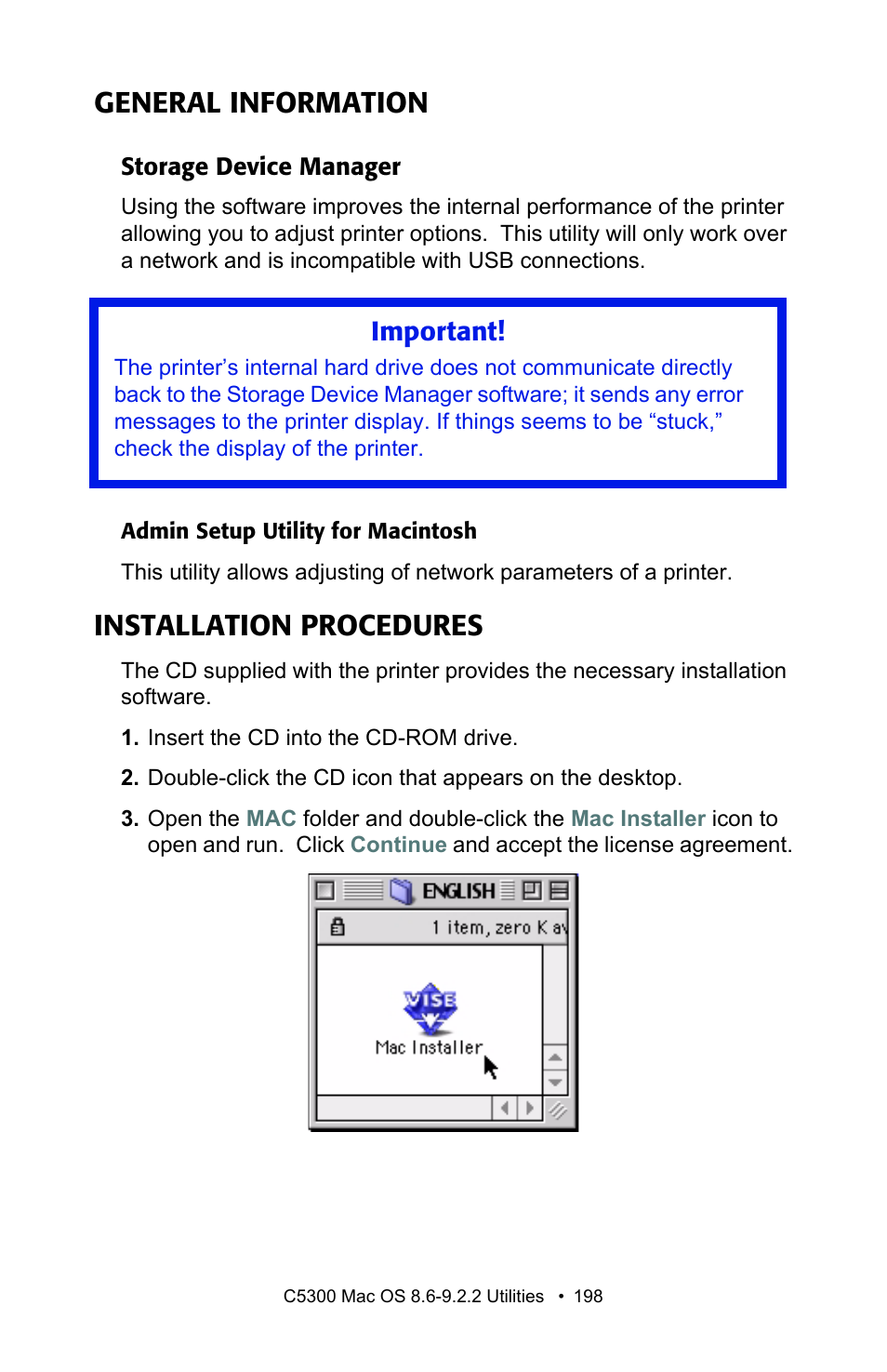General information, Storage device manager, Installation procedures | Important | Oki C 5300n User Manual | Page 198 / 211