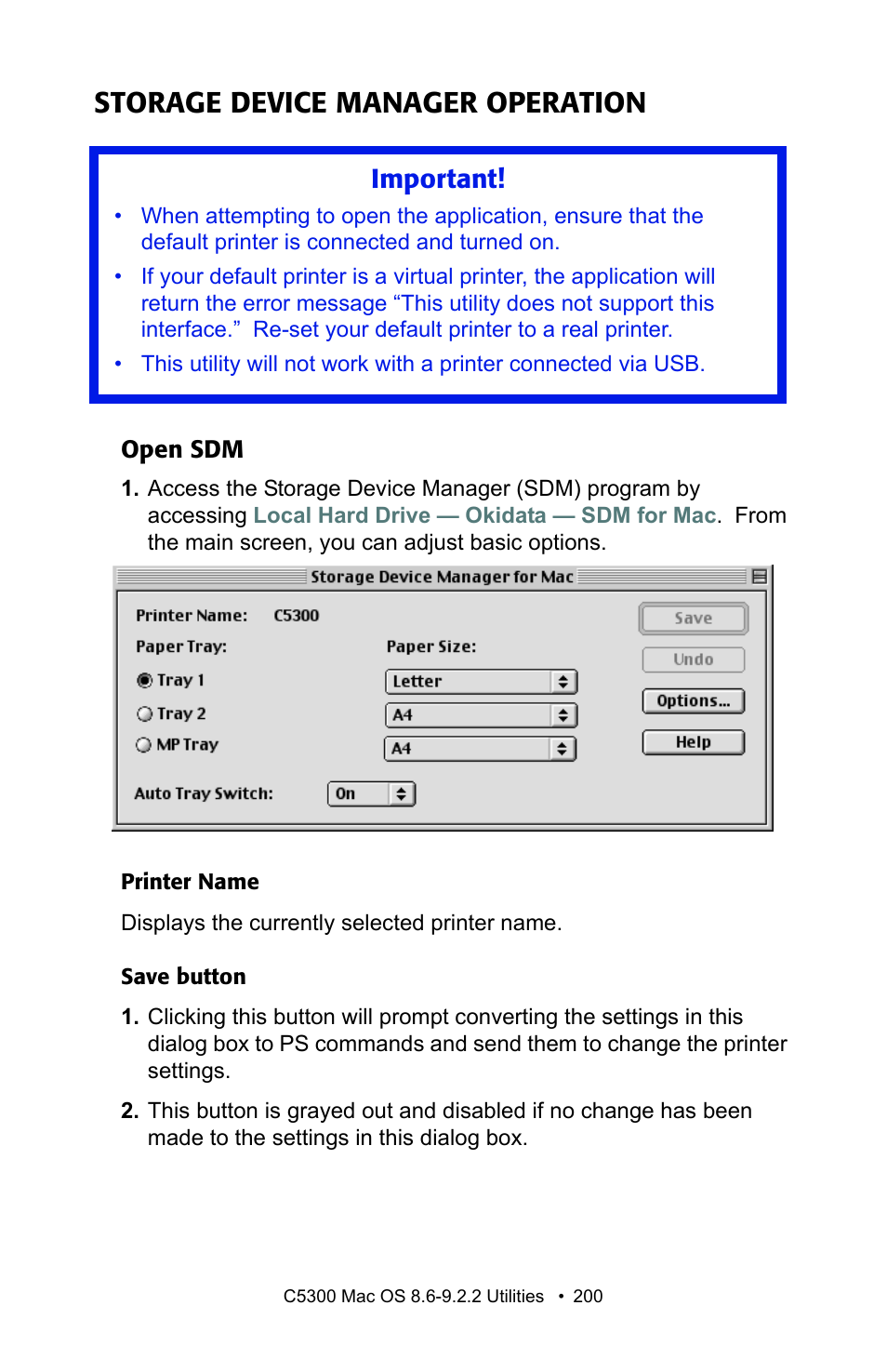 Storage device manager operation, Open sdm, Important | Oki C 5300n User Manual | Page 200 / 211