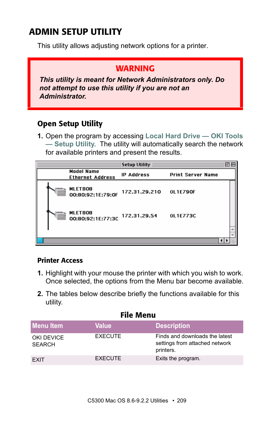 Admin setup utility, Open setup utility, Warning | Oki C 5300n User Manual | Page 209 / 211