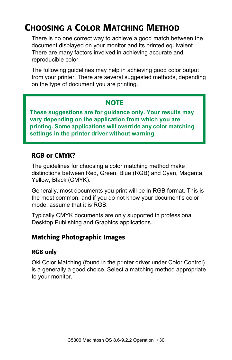 Choosing a color matching method, Rgb or cmyk, Matching photographic images | Rgb or cmyk? matching photographic images | Oki C 5300n User Manual | Page 30 / 211