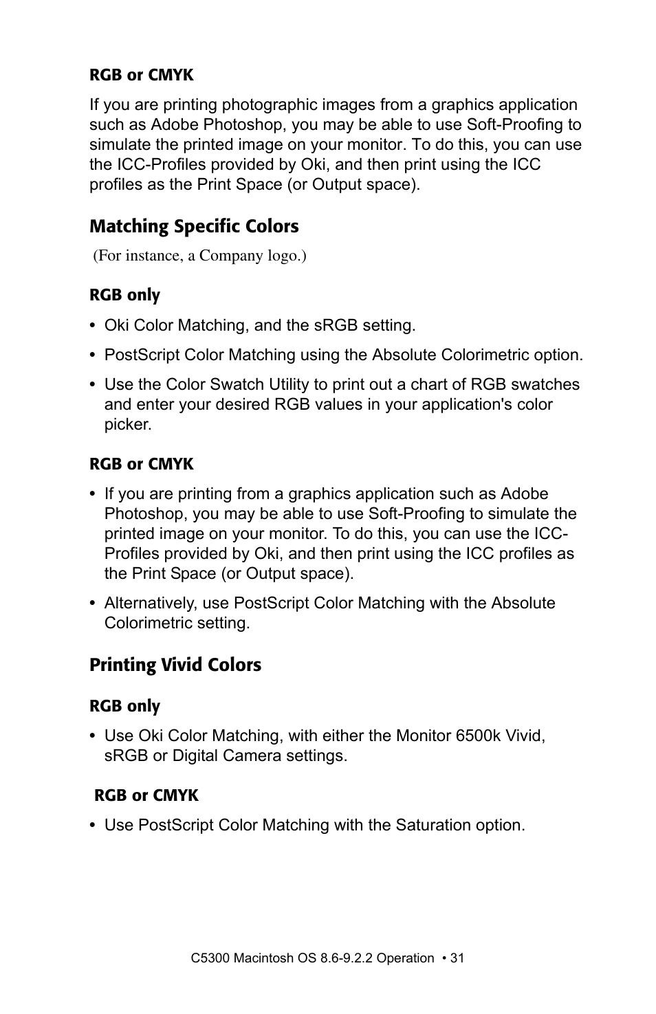 Matching specific colors, Printing vivid colors, Matching specific colors printing vivid colors | Oki C 5300n User Manual | Page 31 / 211
