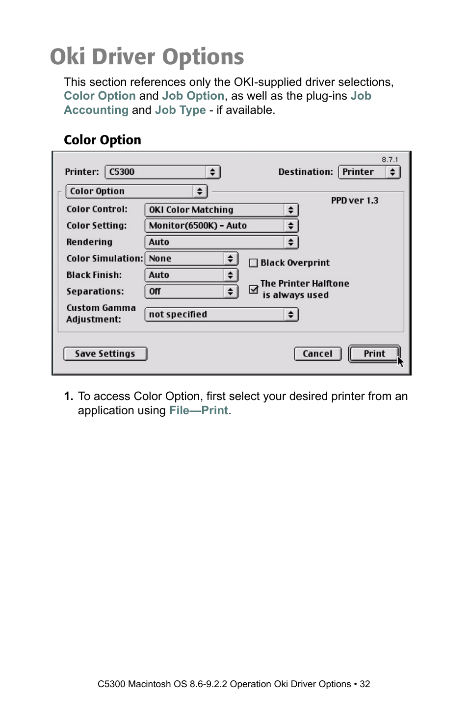 Oki driver options, Color option | Oki C 5300n User Manual | Page 32 / 211