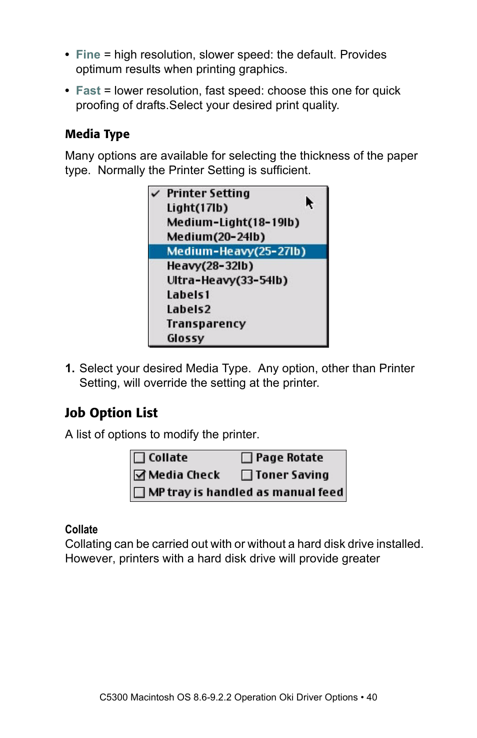 Job option list | Oki C 5300n User Manual | Page 40 / 211