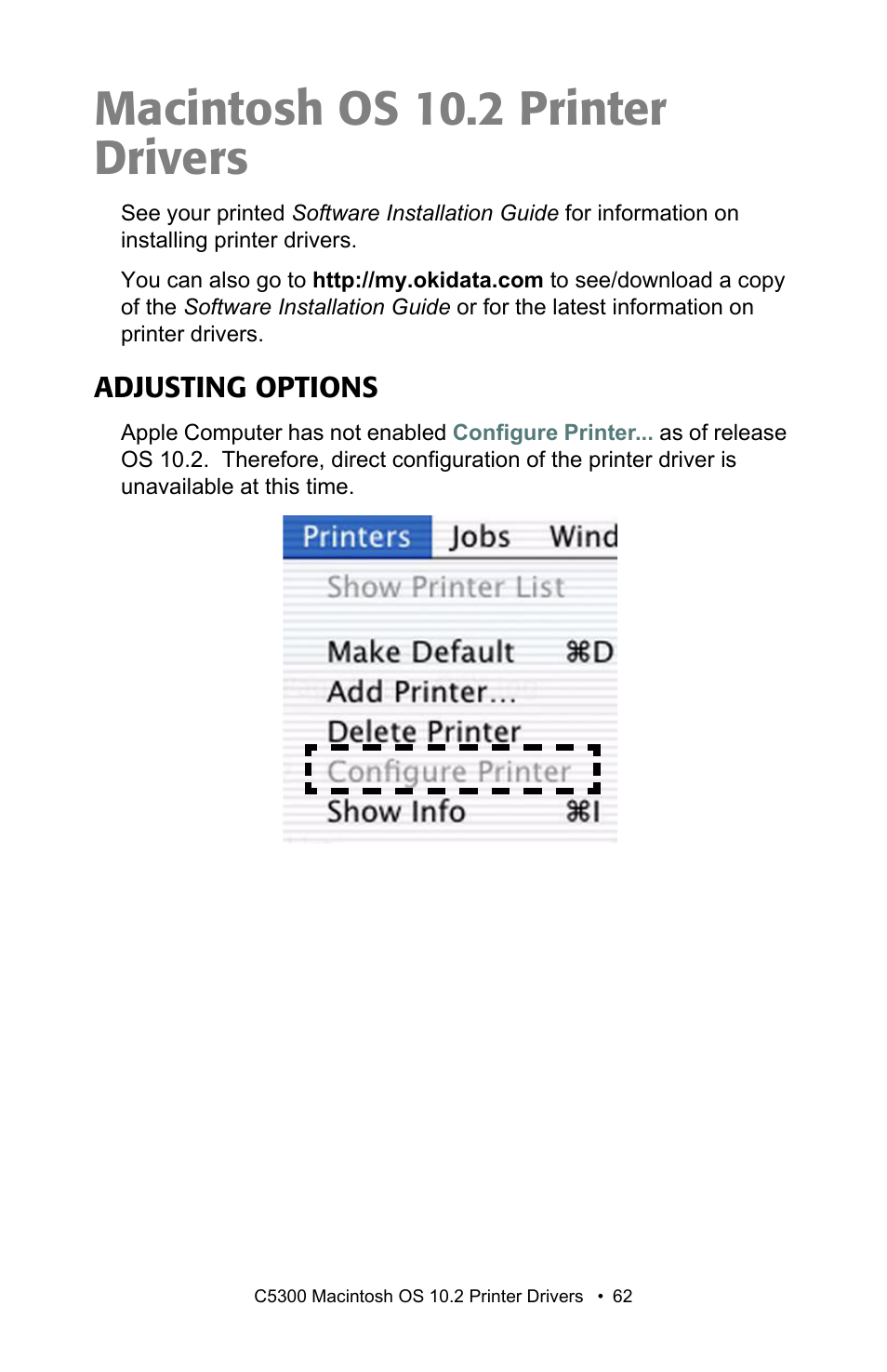 Macintosh os 10.2 printer drivers, Adjusting options | Oki C 5300n User Manual | Page 62 / 211