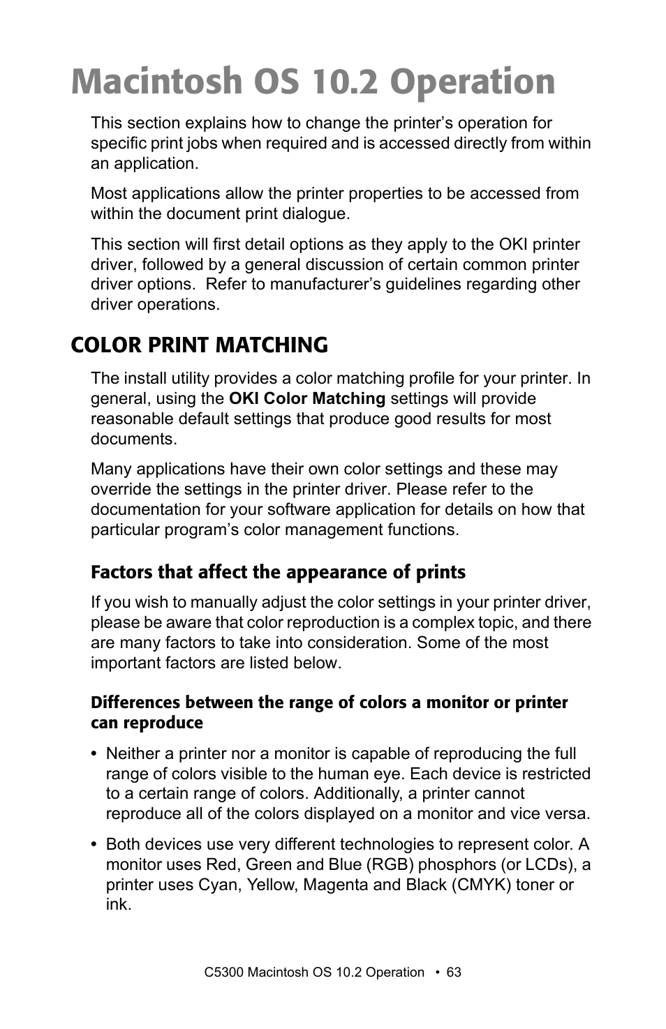 Macintosh os 10.2 operation, Color print matching, Factors that affect the appearance of prints | Oki C 5300n User Manual | Page 63 / 211