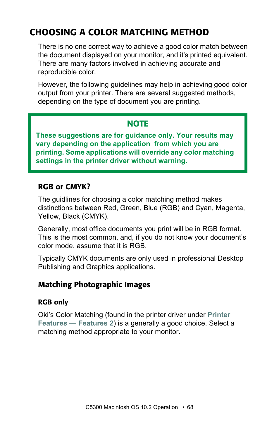 Choosing a color matching method, Rgb or cmyk, Matching photographic images | Rgb or cmyk? matching photographic images | Oki C 5300n User Manual | Page 68 / 211