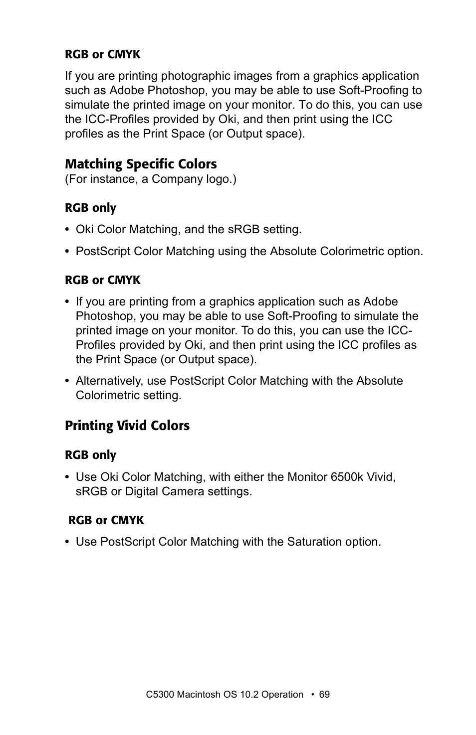 Matching specific colors, Printing vivid colors, Matching specific colors printing vivid colors | Oki C 5300n User Manual | Page 69 / 211