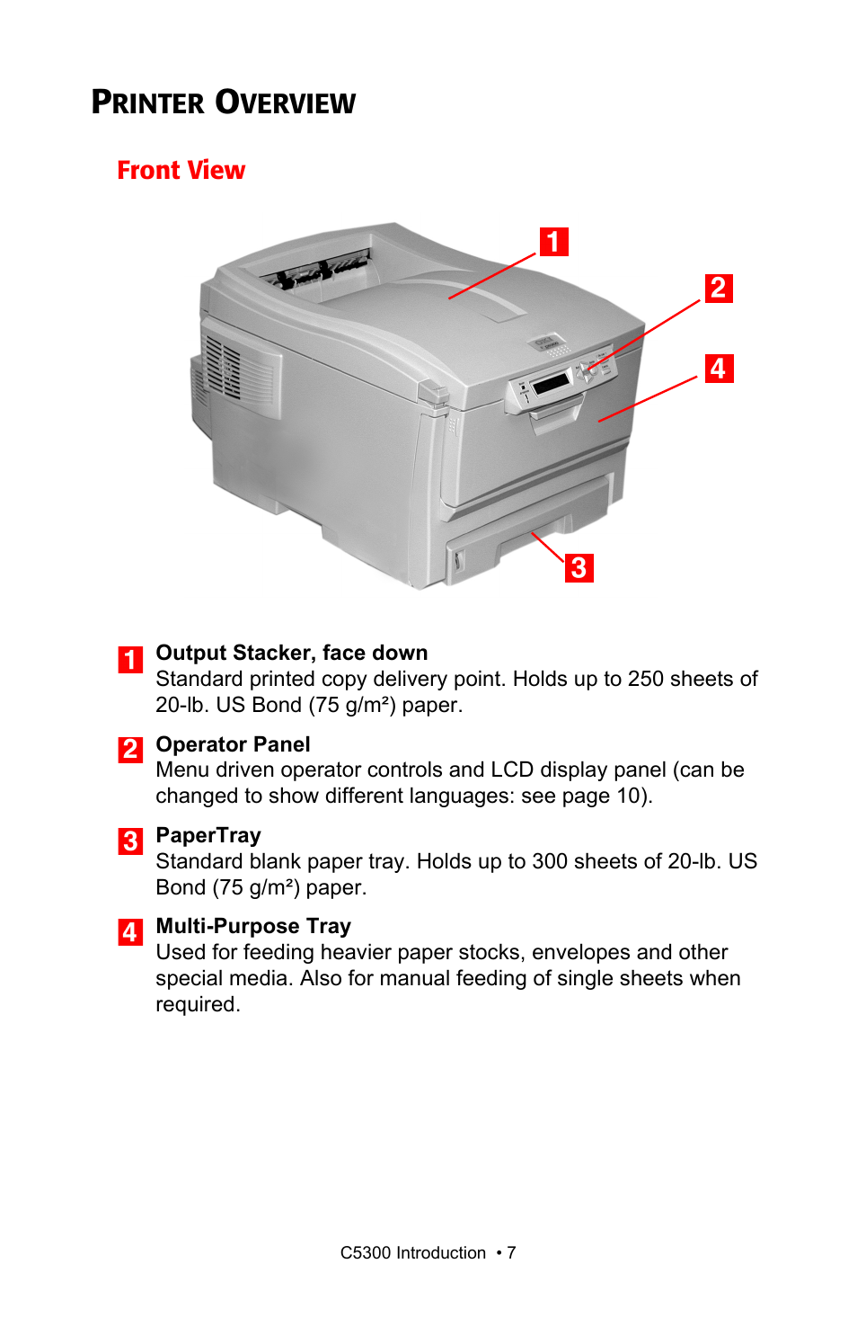 Printer overview, Front view | Oki C 5300n User Manual | Page 7 / 211