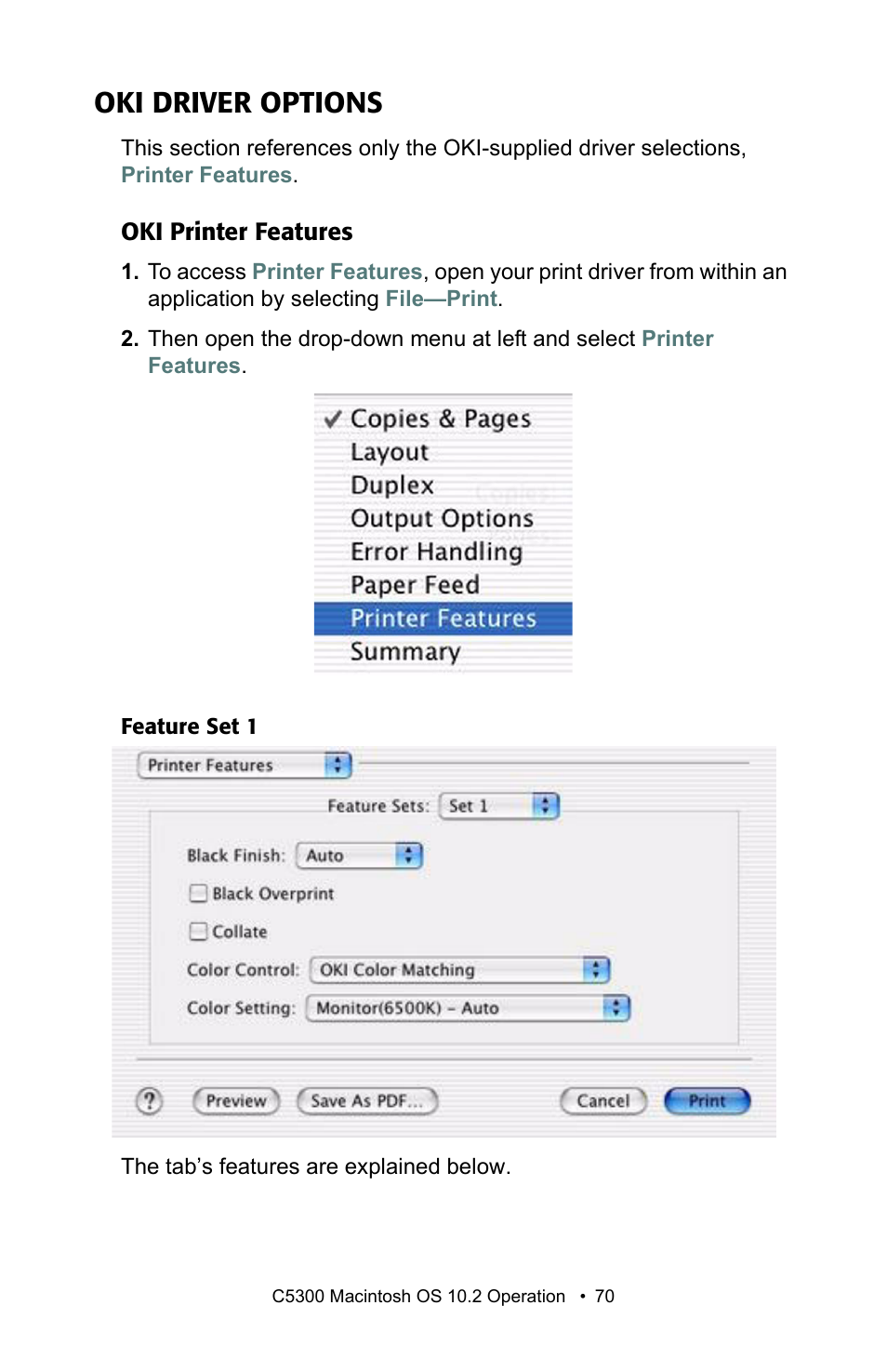 Oki driver options, Oki printer features | Oki C 5300n User Manual | Page 70 / 211