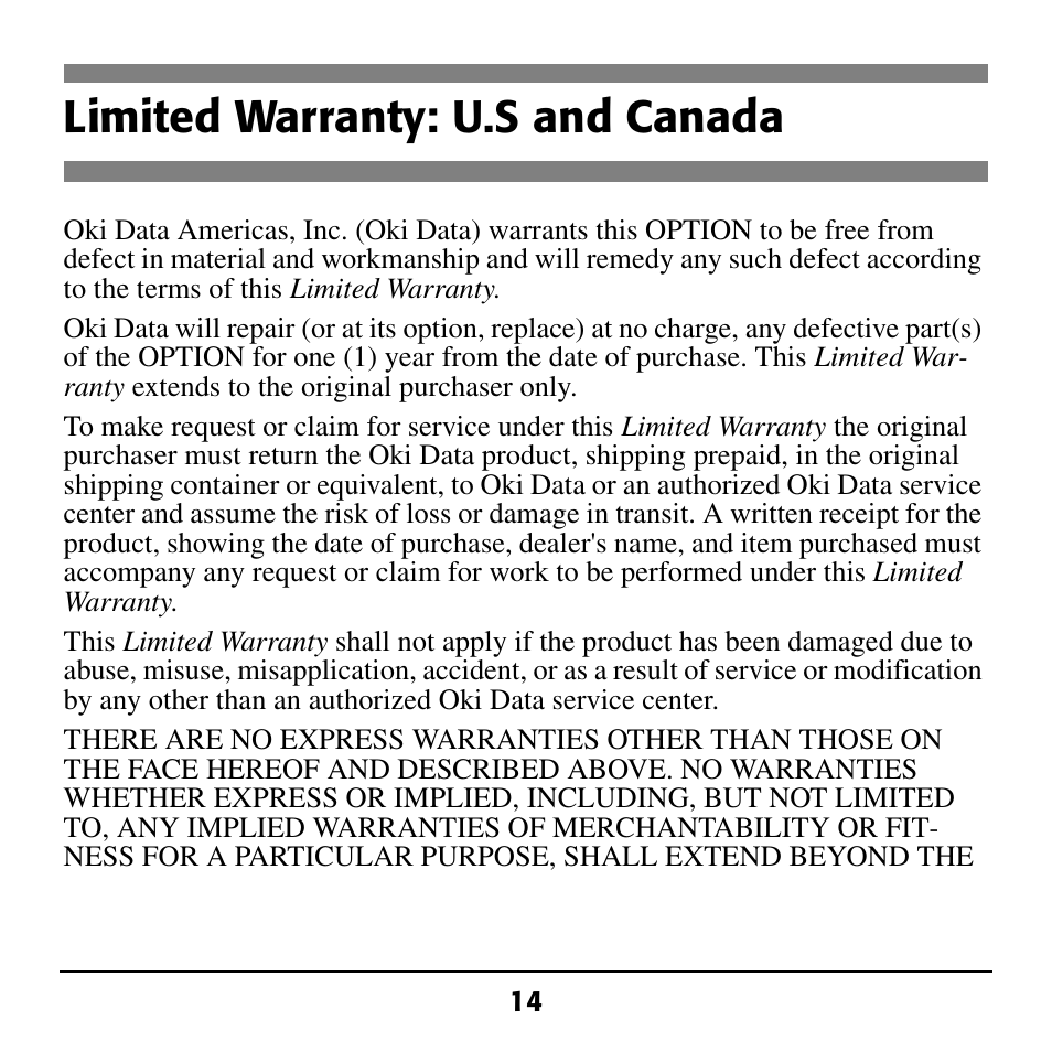 Limited warranty: u.s and canada | Oki C5100 User Manual | Page 16 / 20