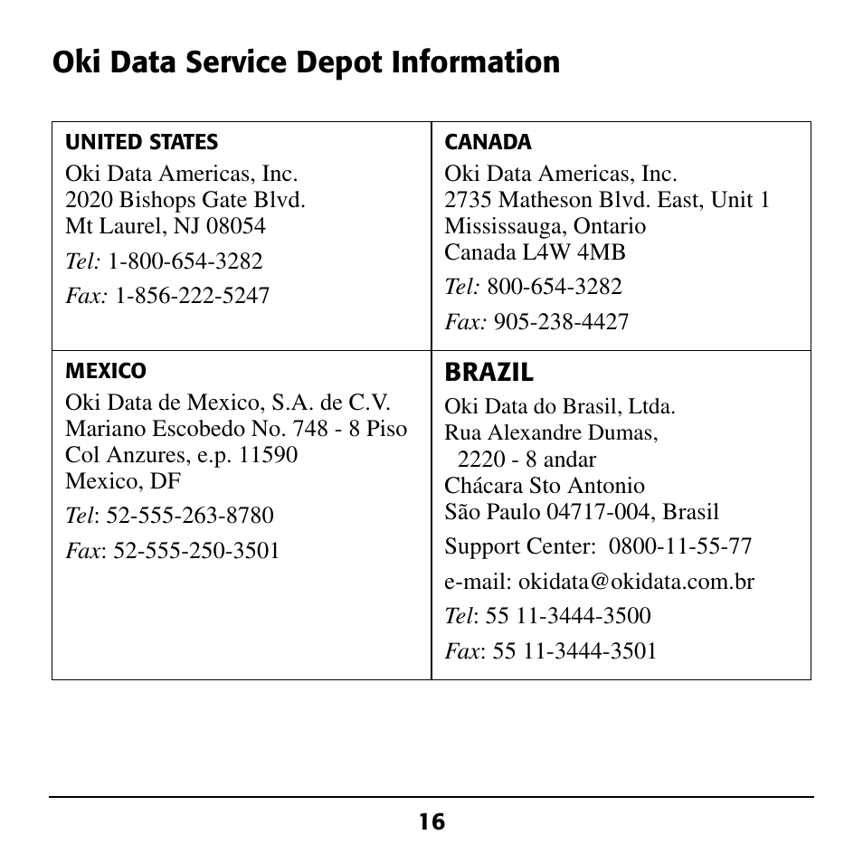 Oki data service depot information | Oki C5100 User Manual | Page 18 / 20