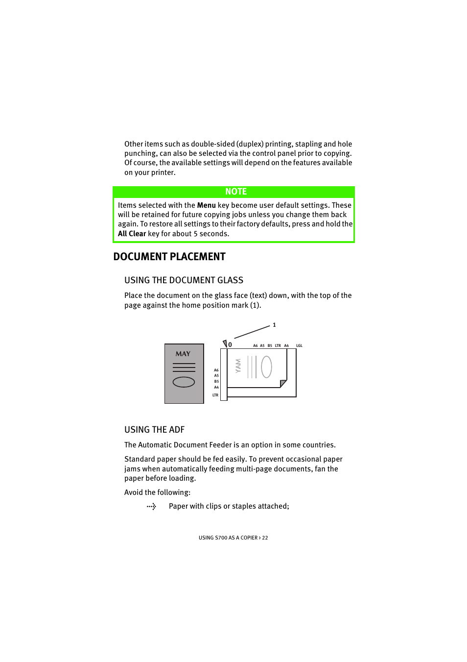 Document placement, Using the document glass, Using the adf | Using the document glass using the adf | Oki S700 User Manual | Page 22 / 65